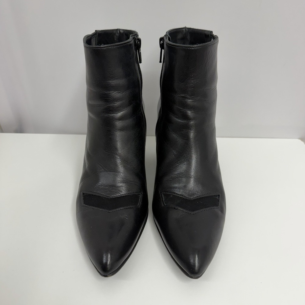 John Fluevog Leather High Ankle Boots Booties Black Sculpted Heels Dust Bag Sz 8 - Picture 3 of 10